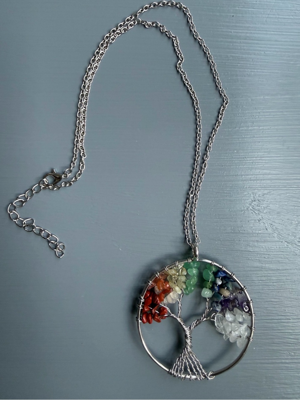 Silver Tree of Life Chakra Necklace with Multicolor Gem Chips